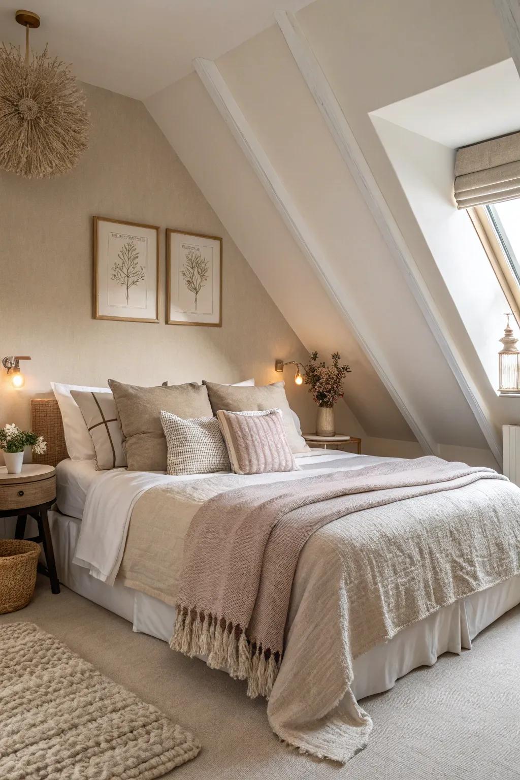 The soothing and peaceful vibe of this welcoming bedroom comes from its soft neutral palette.