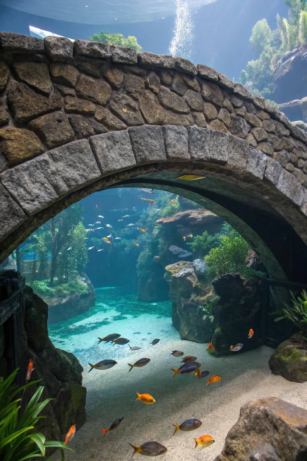 An endearing mineral stone viaduct in a home aquarium.