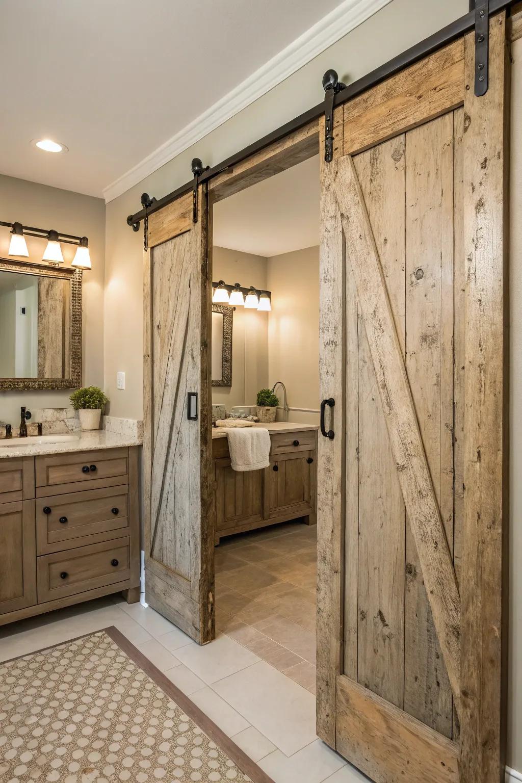 These wooden doors bring vintage charm into an eclectic bathroom.