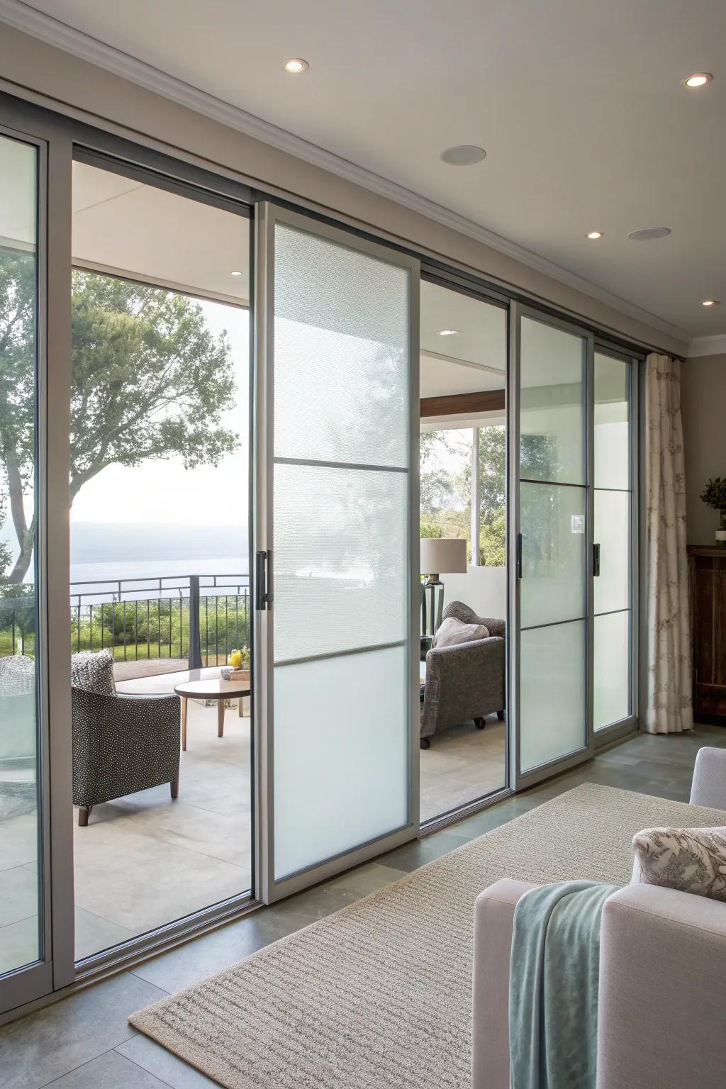 Obscured glass covering offers privacy while maintaining light.