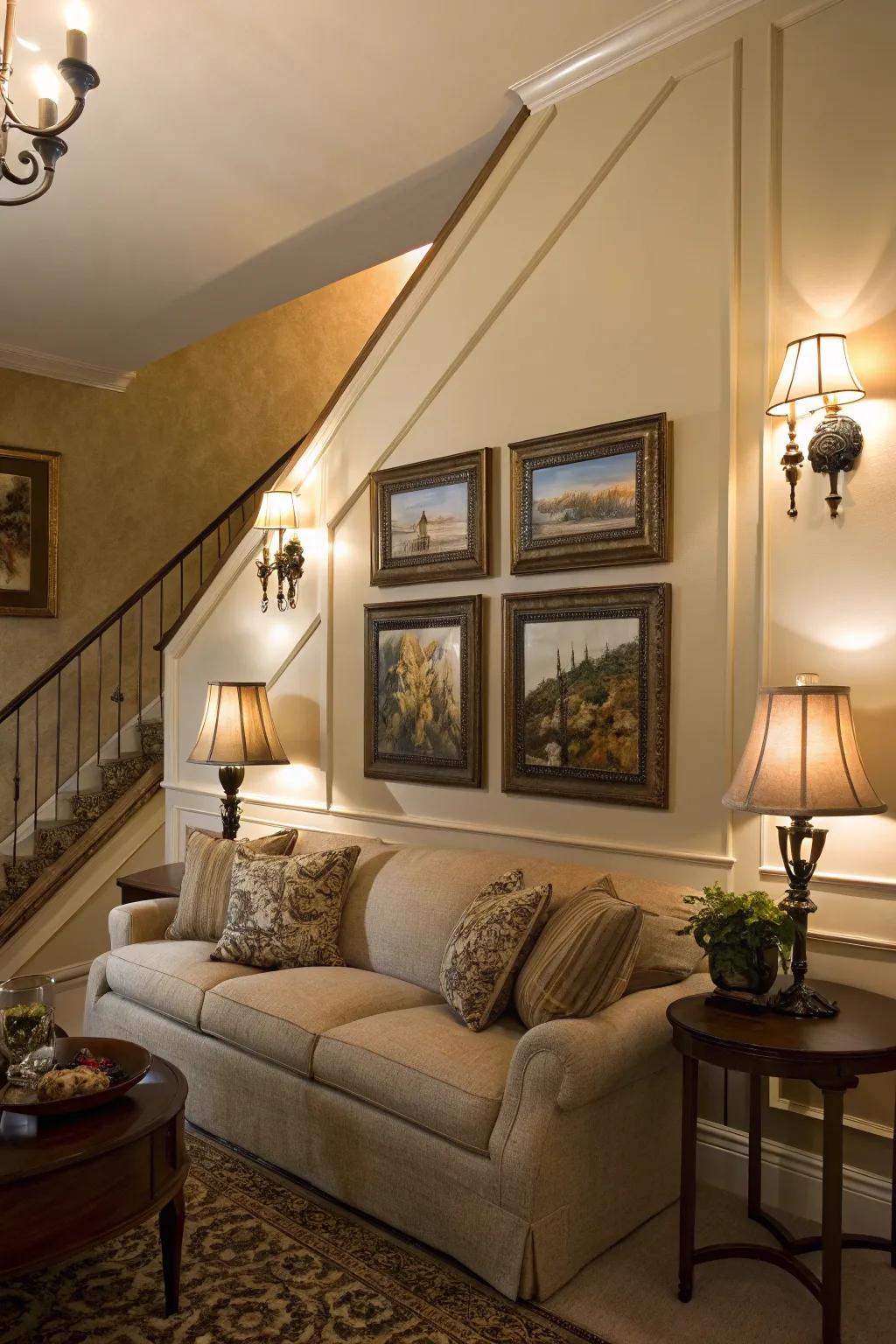 Wall lights furnish accent illumination that accentuates structural elements.
