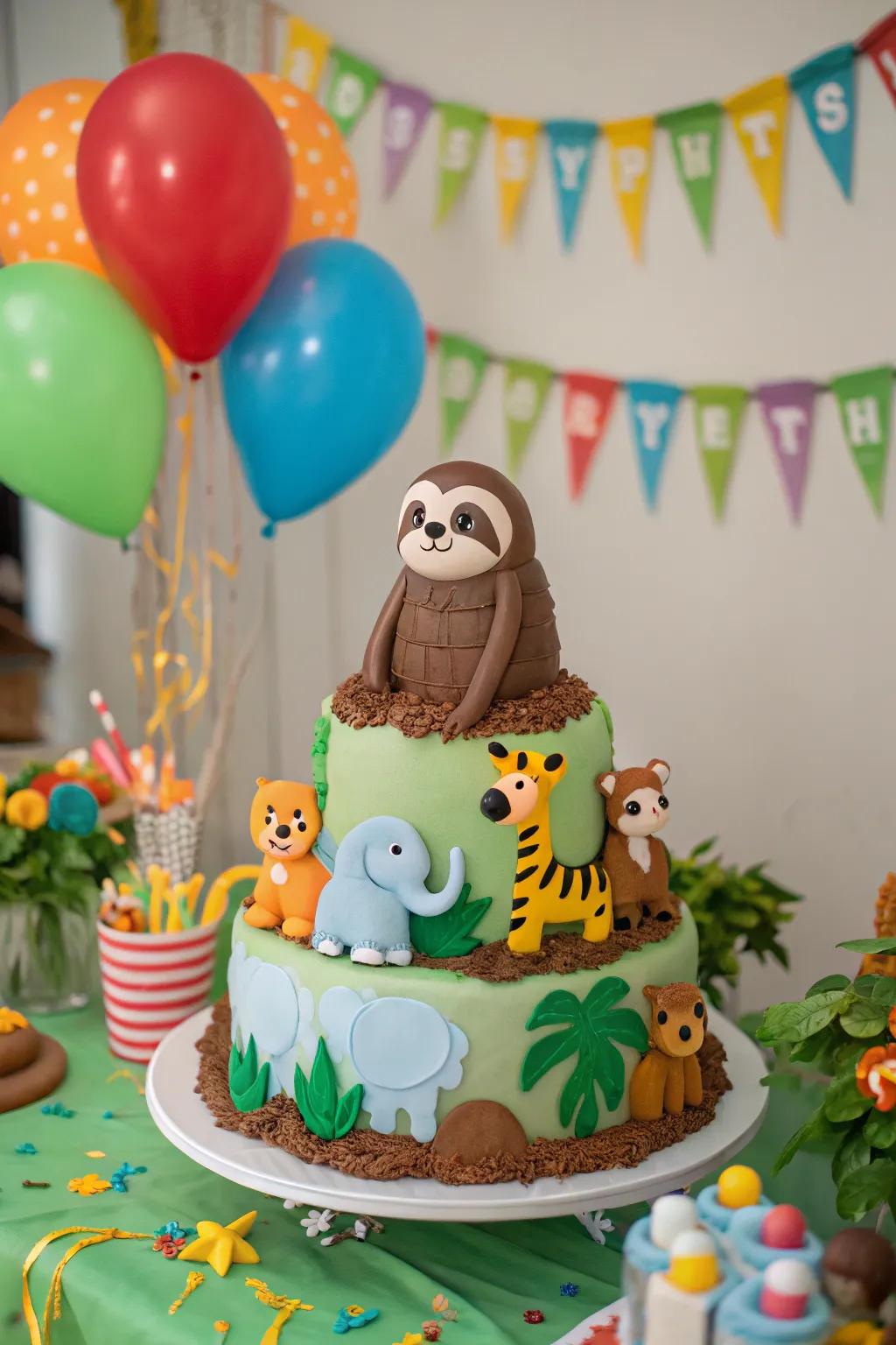 Jungle friends make this sloth dessert a social centerpiece.