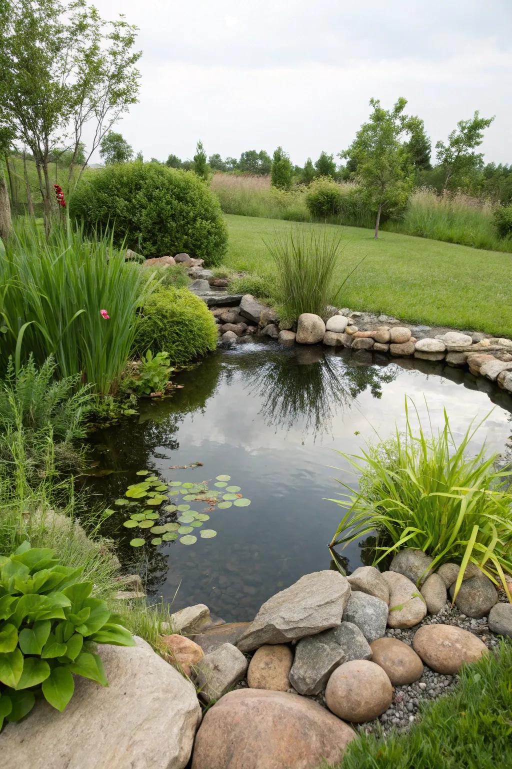 A small pond creates a tranquil and inviting garden feature.