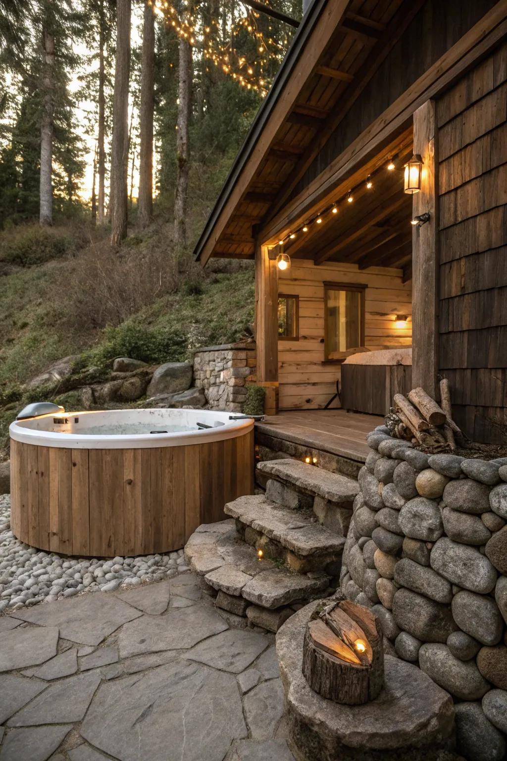 A rustic soak station setting showcasing wood and stone elements for a snug feel.