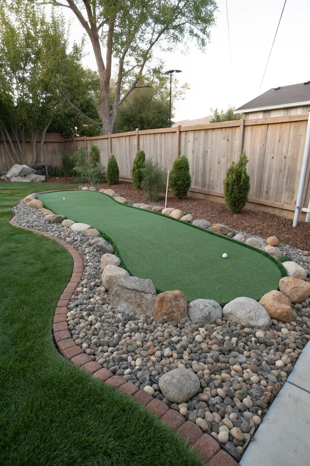 A putting green framed with ornamental stones for an earthy aesthetic.