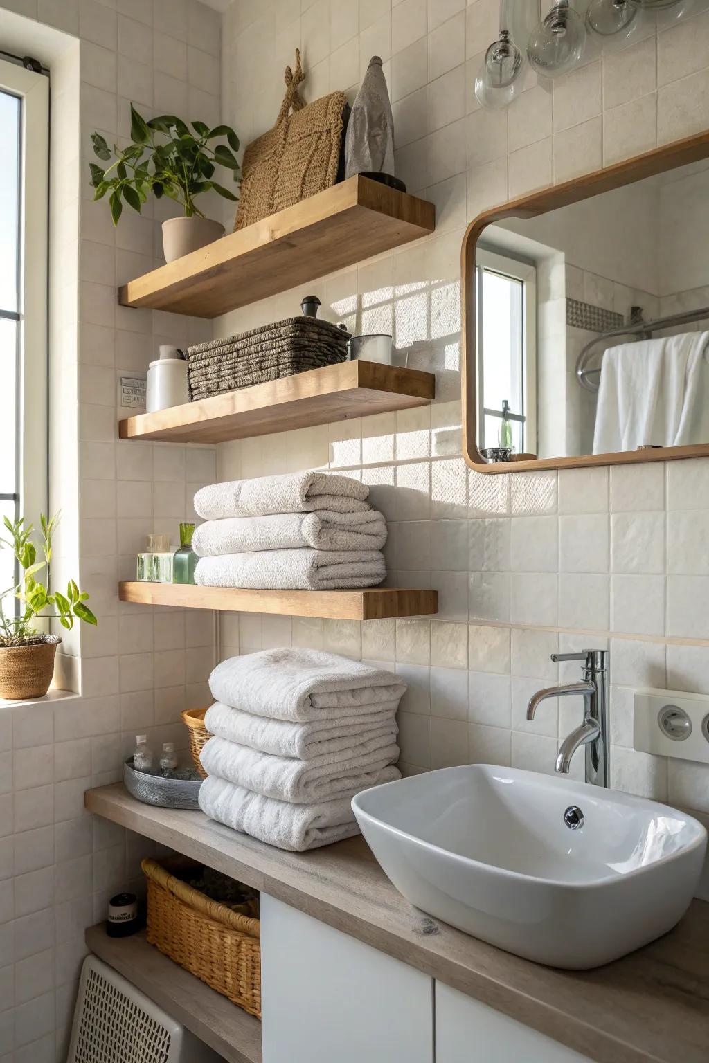 Minimalist and modern: floating shelves for towel storage.
