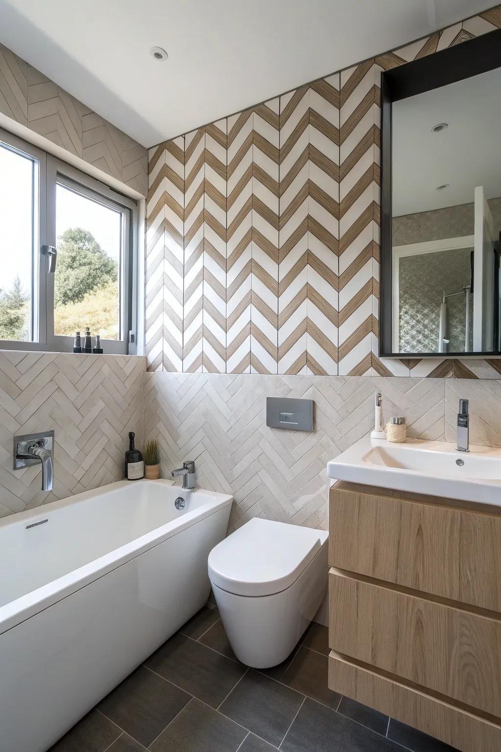 Chevron boards creating a stylish and lively bathroom.