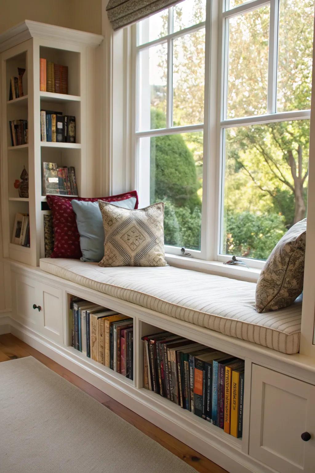 Window benches with bookcases proffer solace and appeal.