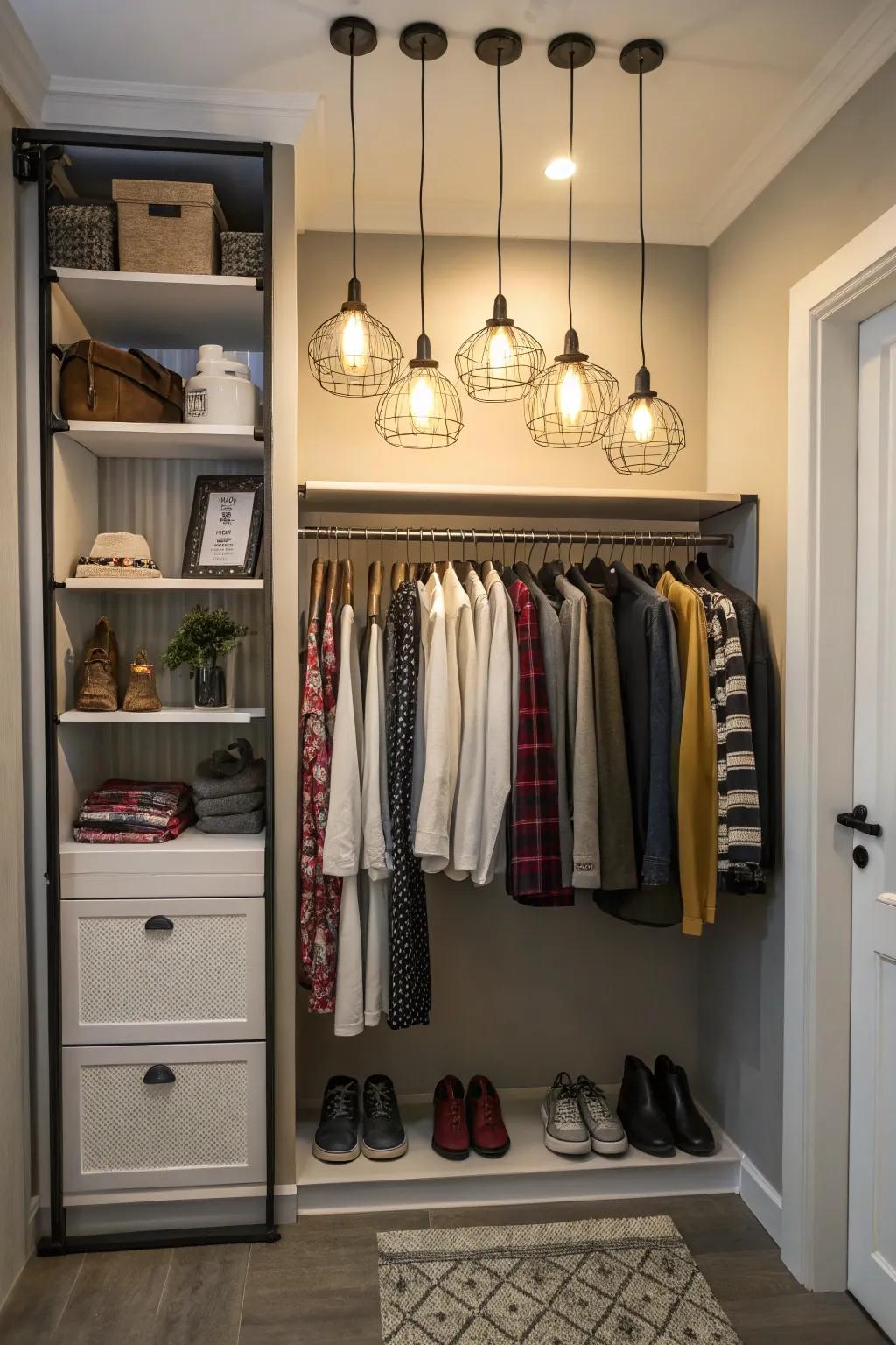 A hanging lamp adds charm and illumination.