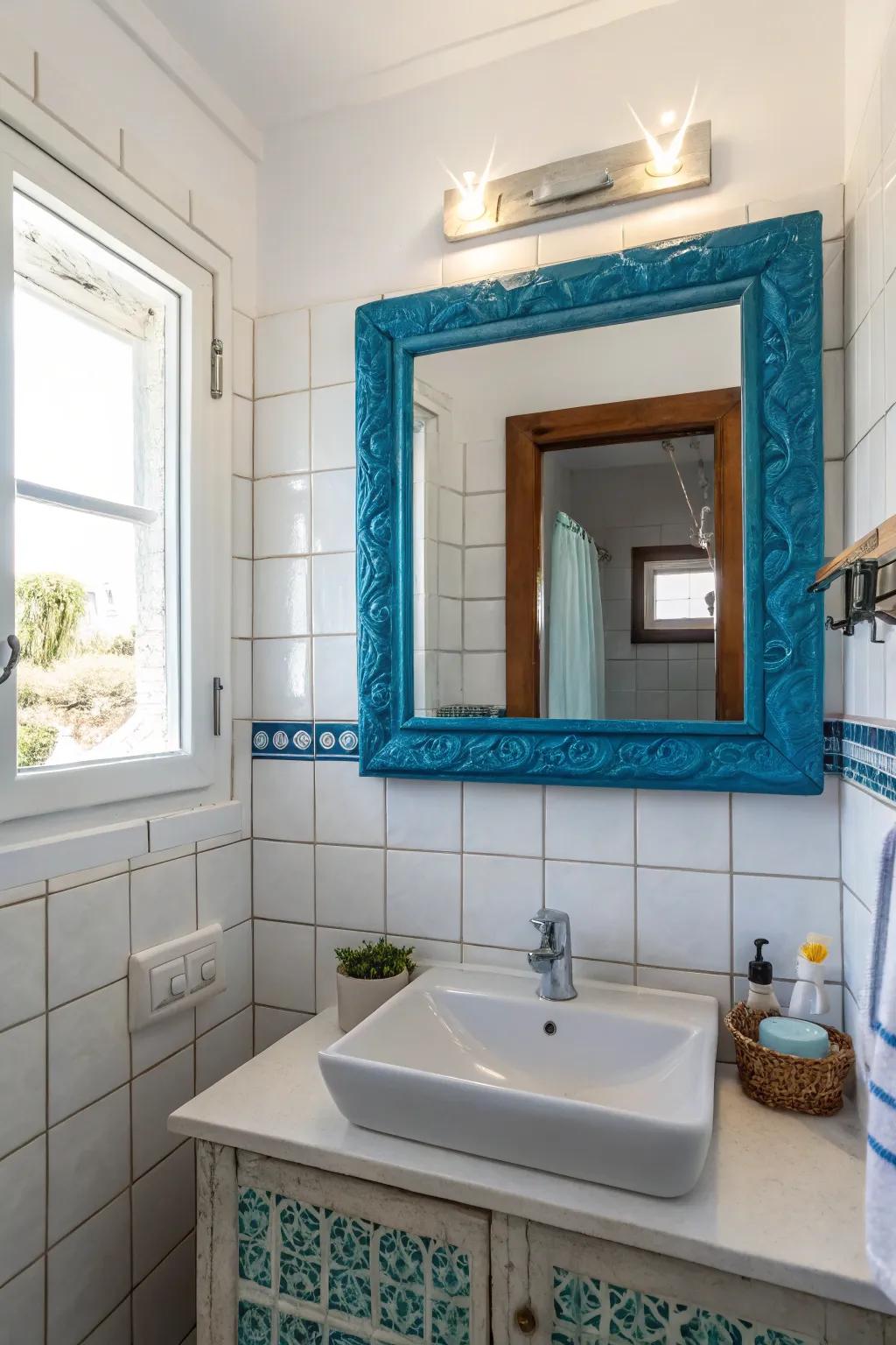 A blue mirror with a unique frame adds personality and style to the bathroom.