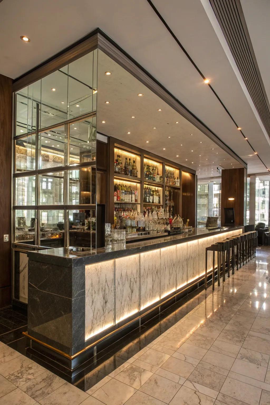 Mirrored surfaces introduce depth to a drink station.