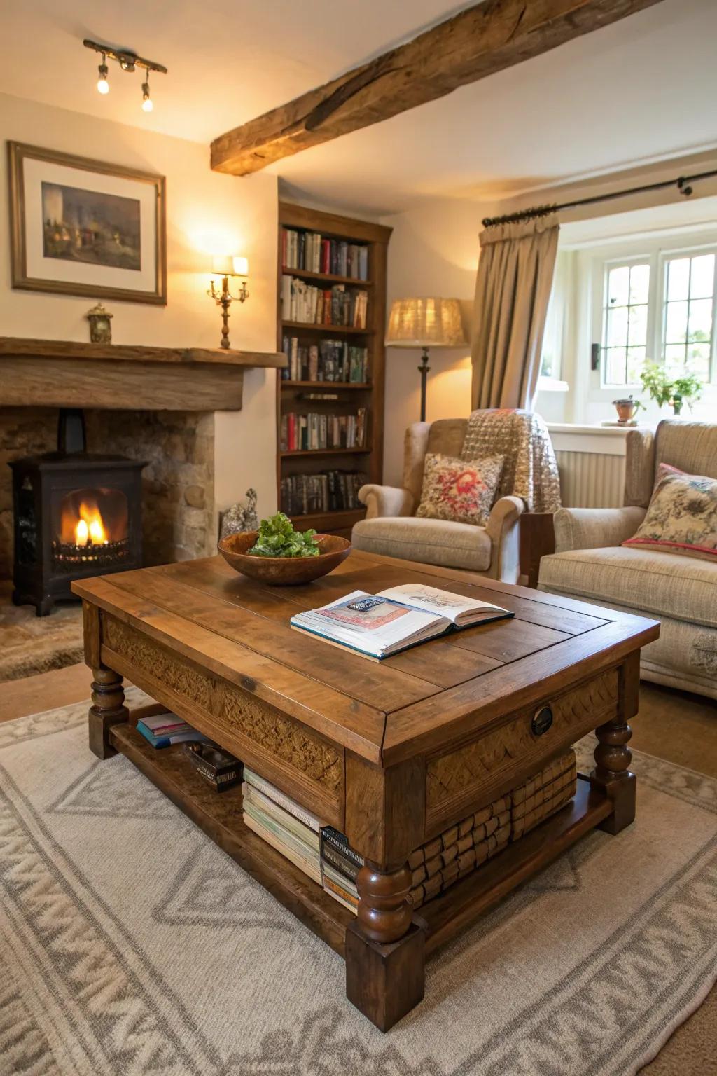 A statement center table secures the room and contributes character.