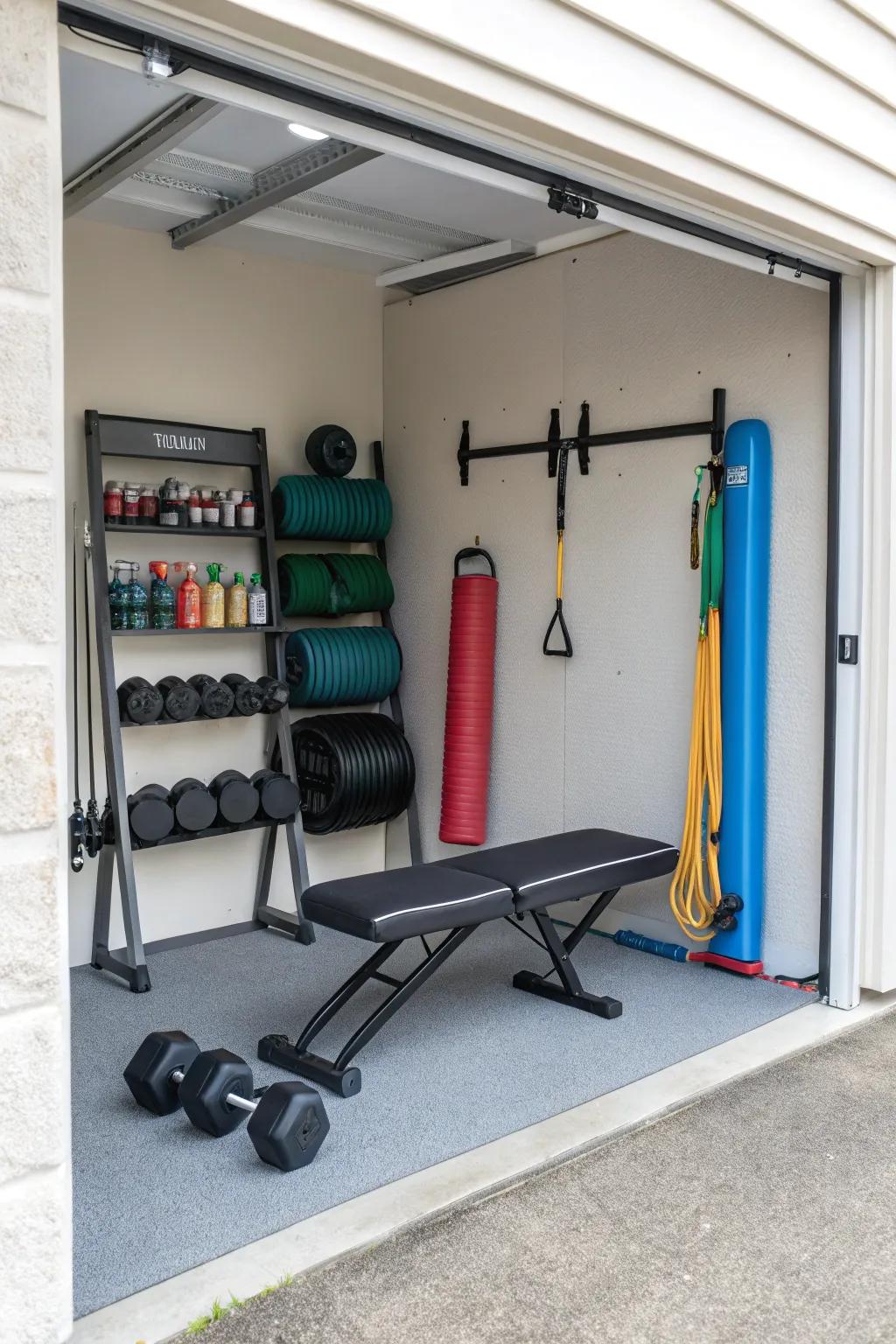 A folding workout spot adds flexibility to your garage's function.