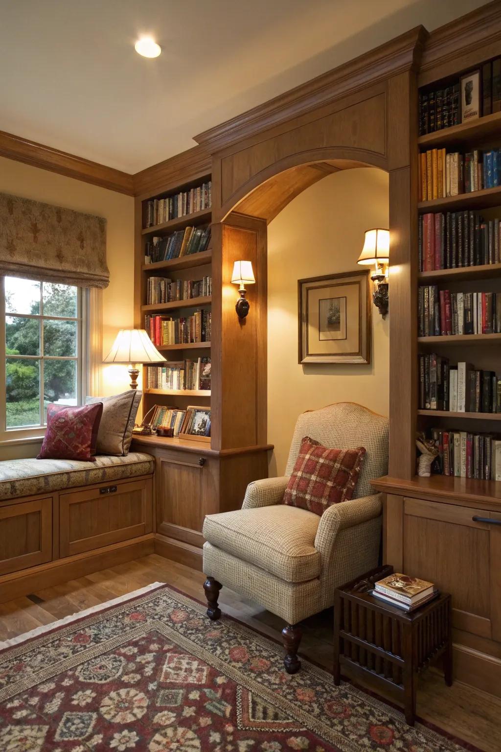 A reading corner offers a snug and private spot.