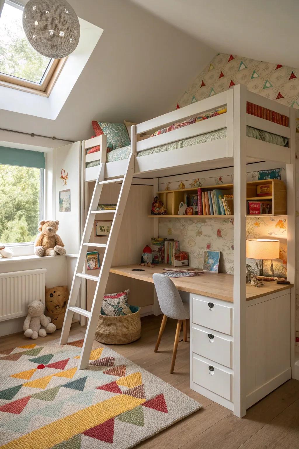 A small children's room featuring an innovative bunk bed design.