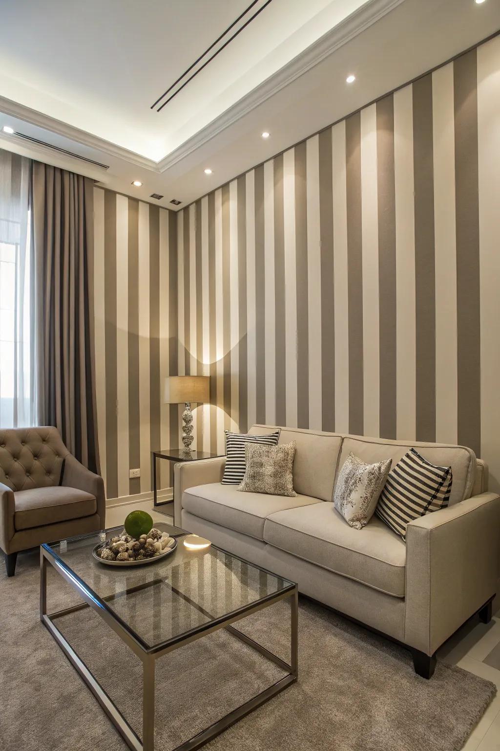 A compact living space featuring vertical bands to enhance height.