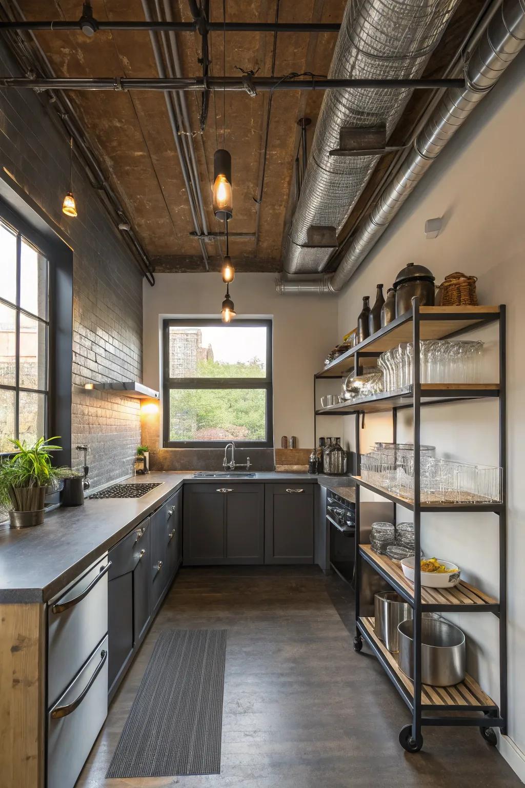 Industrial components impart an urban, edgy feel to modern compact cooking areas.