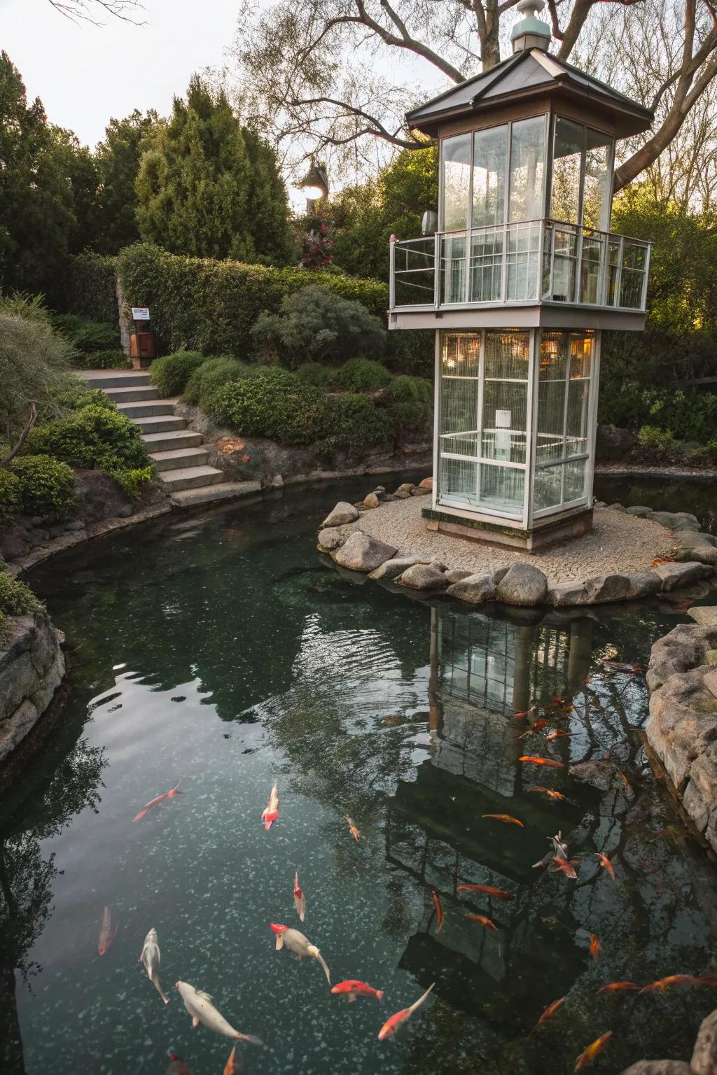 A magical observation tower offers an immersive koi-viewing experience.