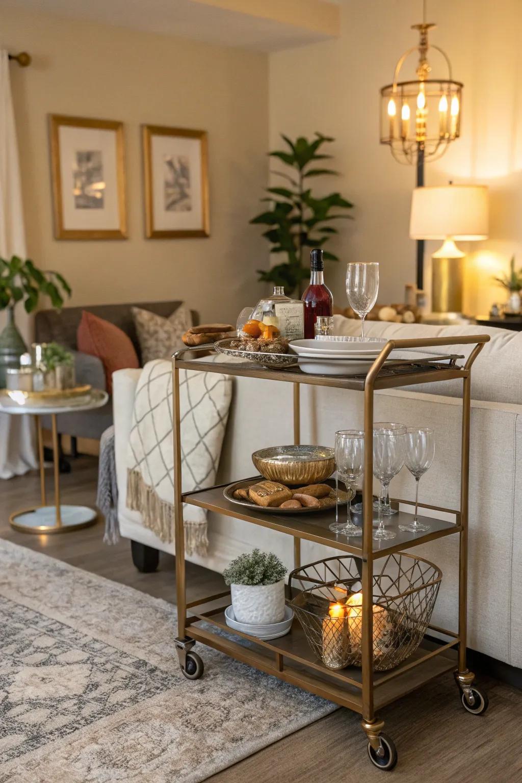 A bar cart can be a dining table that you can move around.