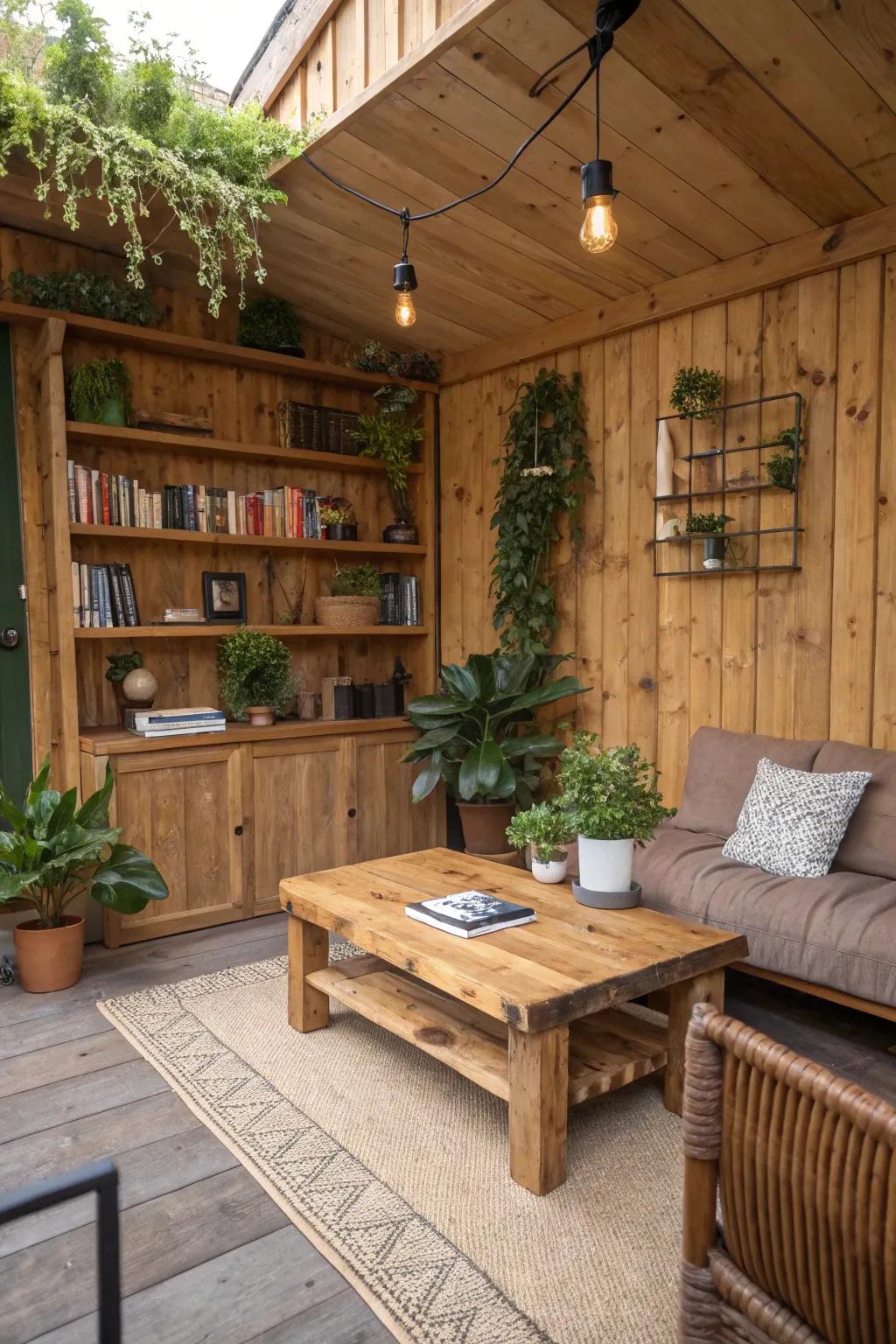 Natural elements like plants and wood add warmth and freshness to the area.