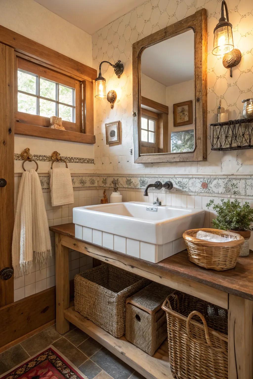 Traditional sinks bring charm to rustic bathrooms.