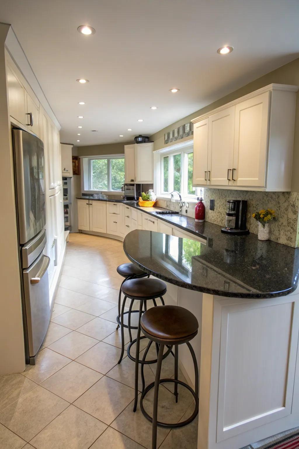 Ease of movement and accessibility are improved by a curved island.