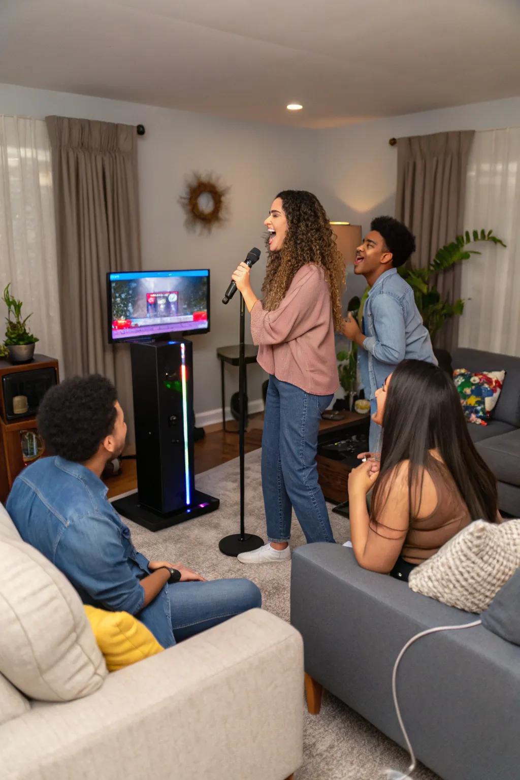 A lively home karaoke night with friends singing and having fun.