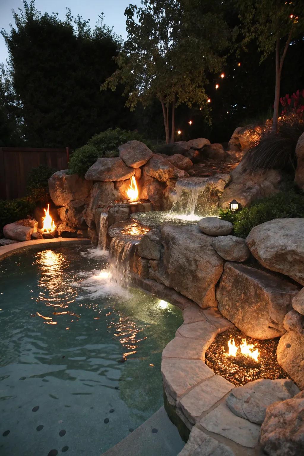 Fire and water features craft a dramatic visual effect.