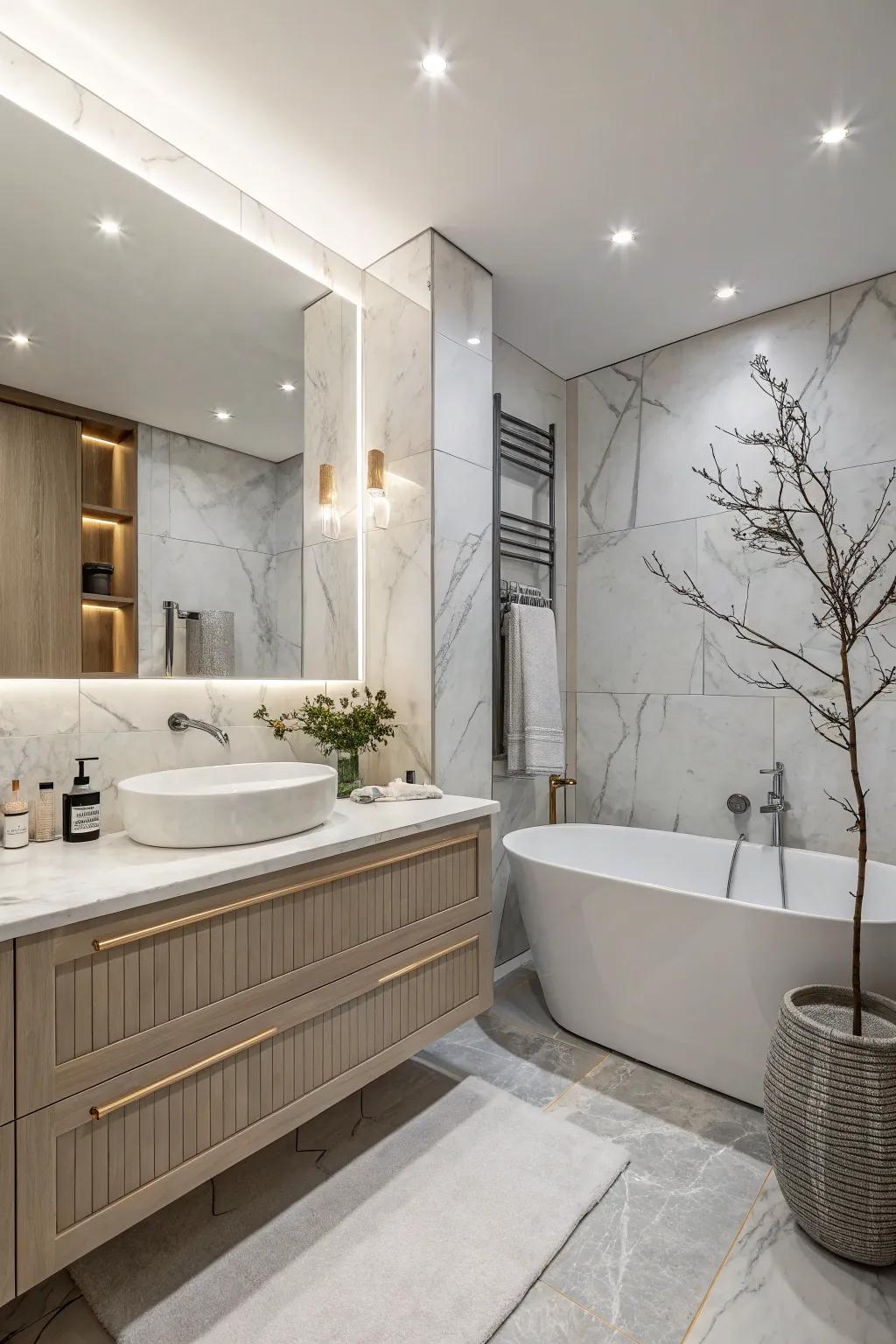 Subtle luxury using marble enhances sophistication.