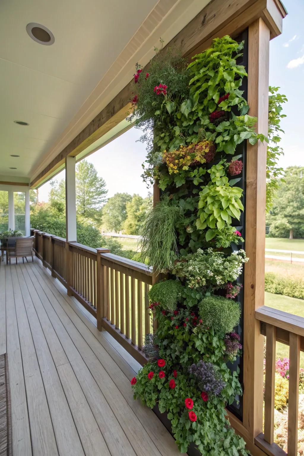 A side porch featuring a vibrant standing greenery of mixed plants.