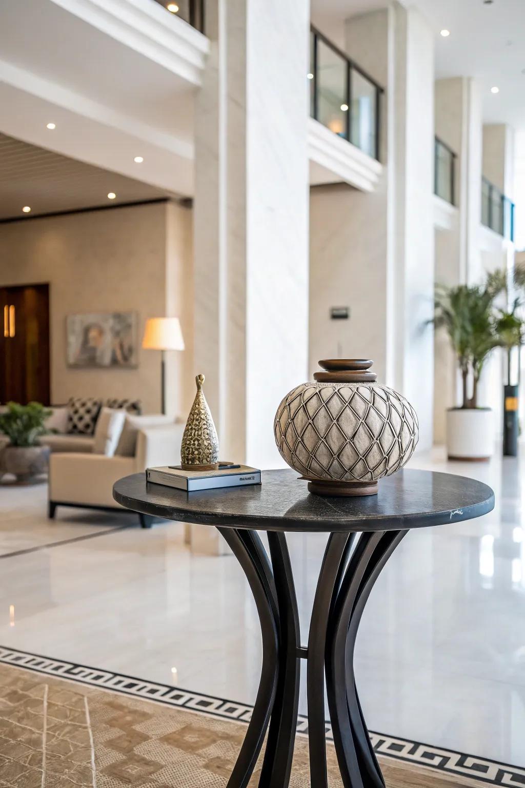 A striking focal piece anchors the accent table décor.