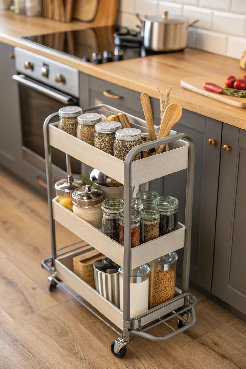 A fashionable mobile trolley in a cooking area, offering flexible storage.