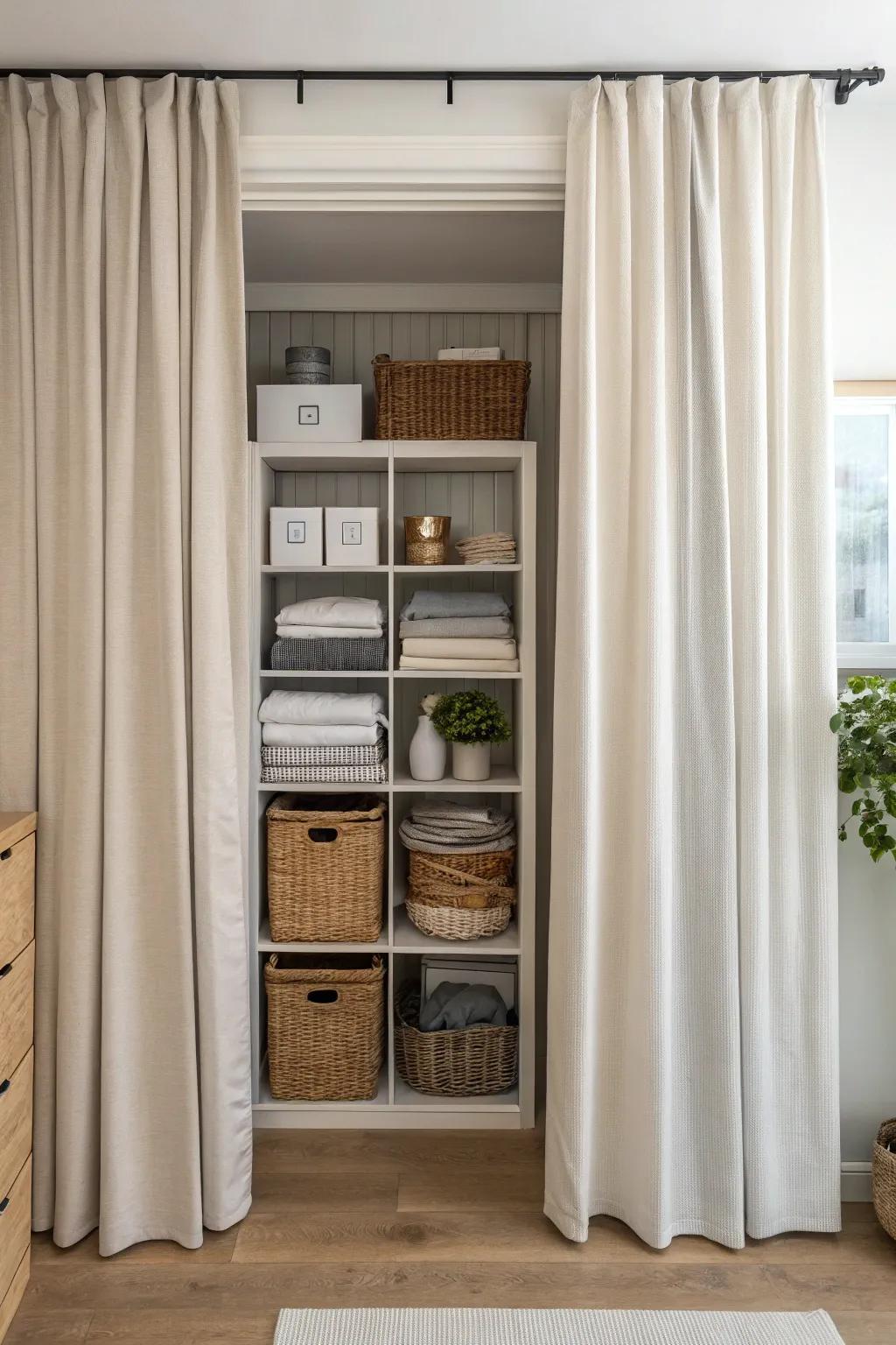 Curtains elegantly conceal storage areas.