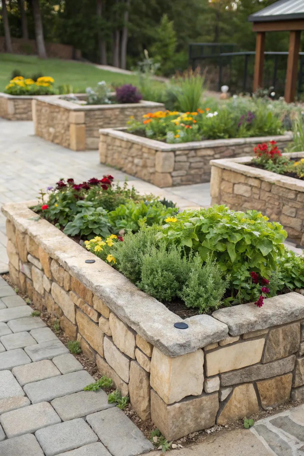 Rustic raised garden beds constructed with stones.