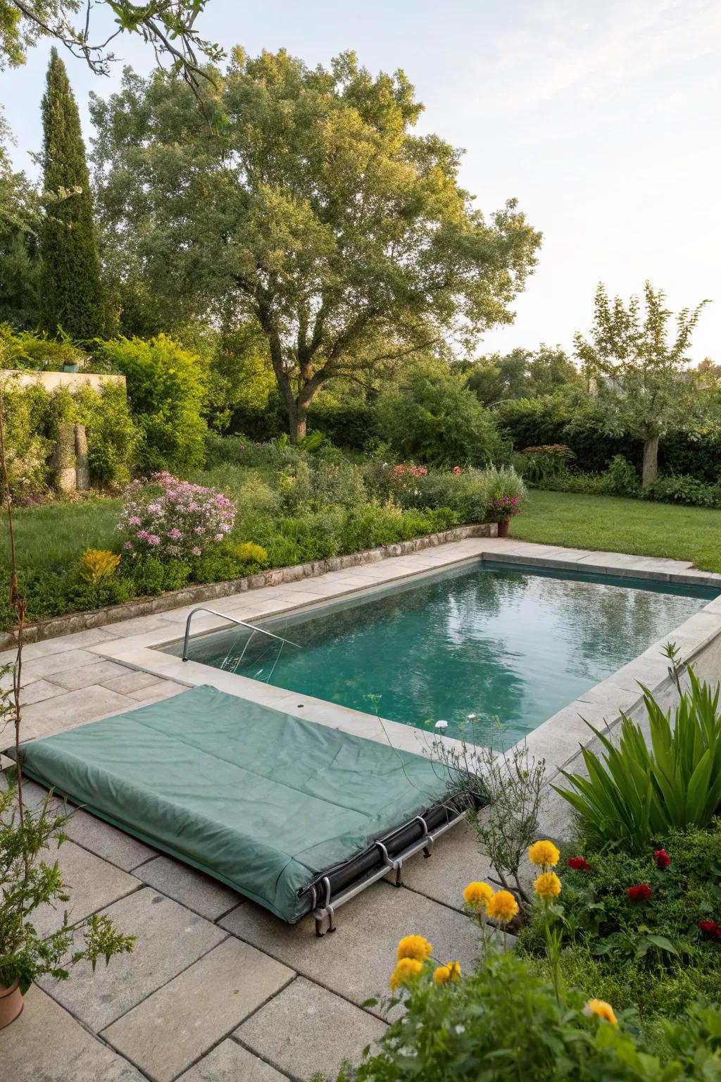 Green covers help maintain pool efficiency.