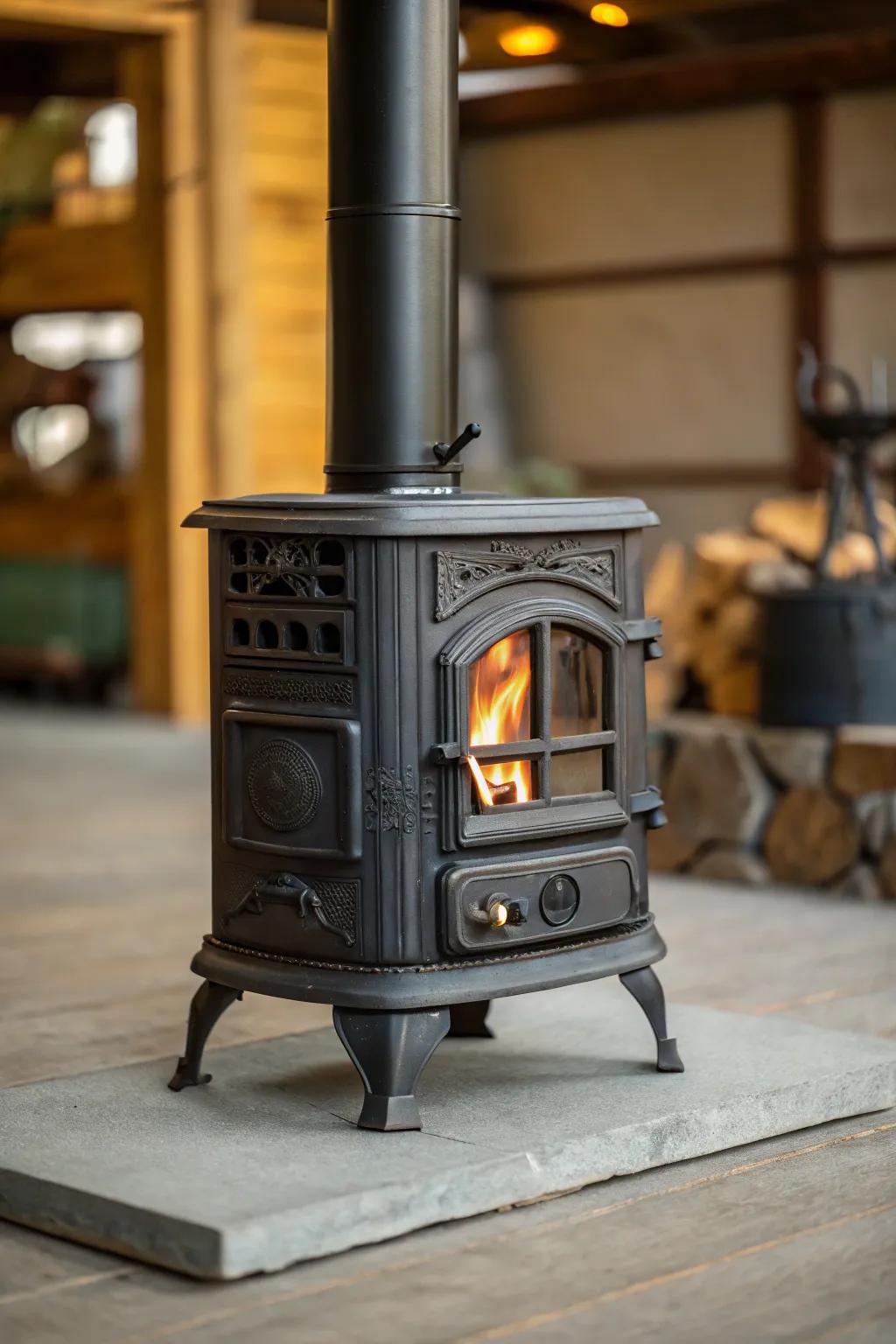 A small iron stove offers durability and timeless elegance.