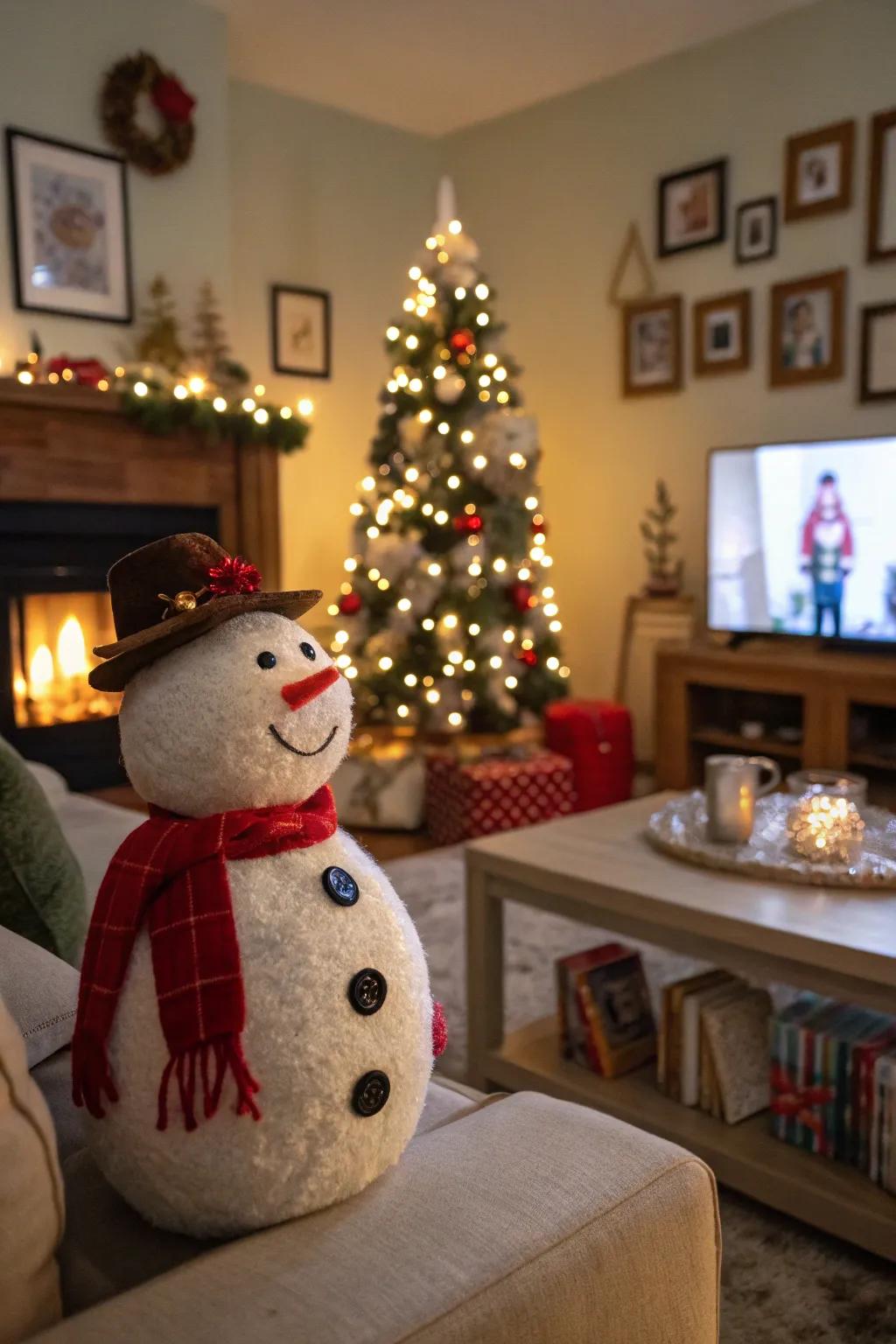 An indoor felt snowman bringing warmth to holiday decor.