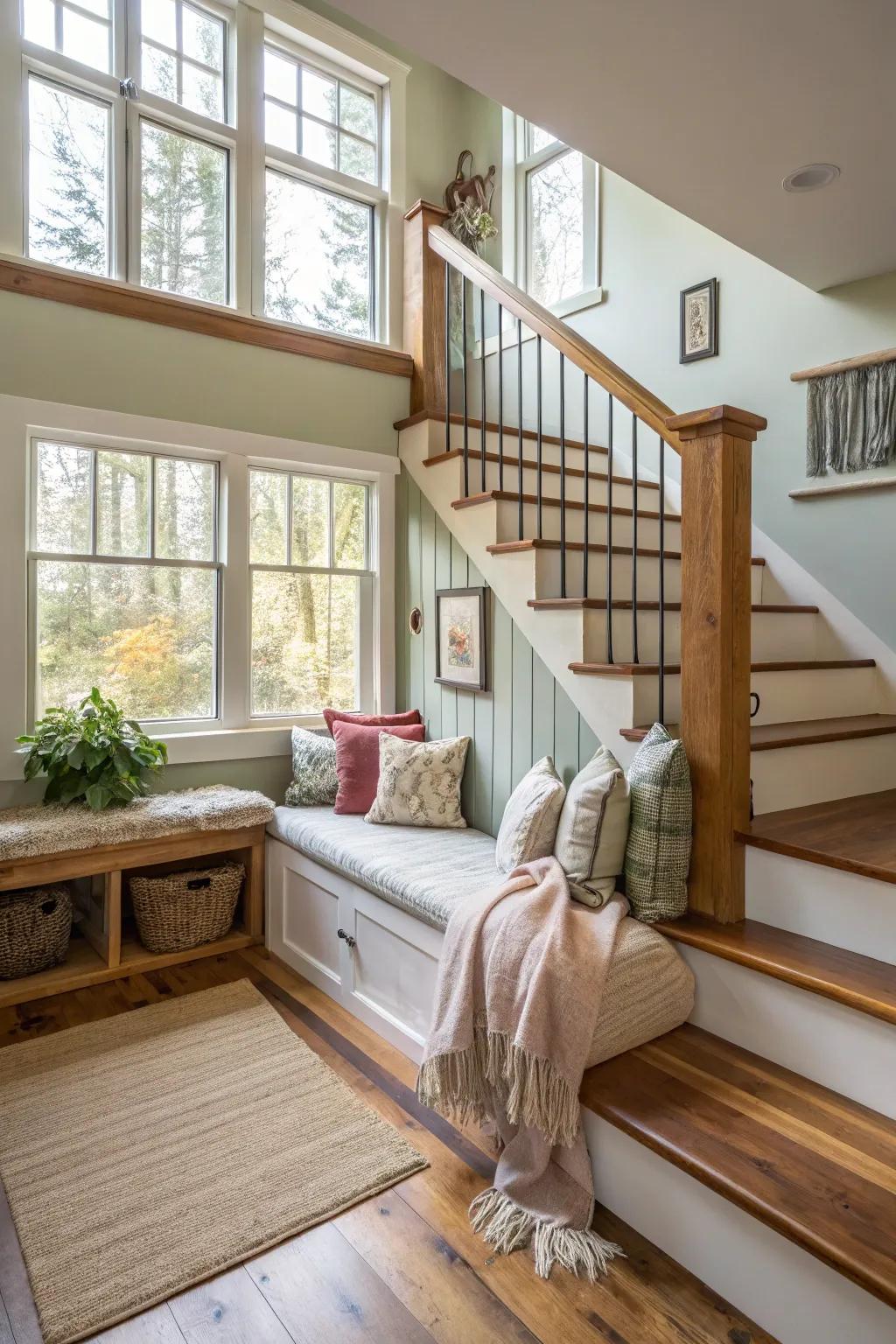 Staircase with integrated seating maximizes functionality in small spaces.