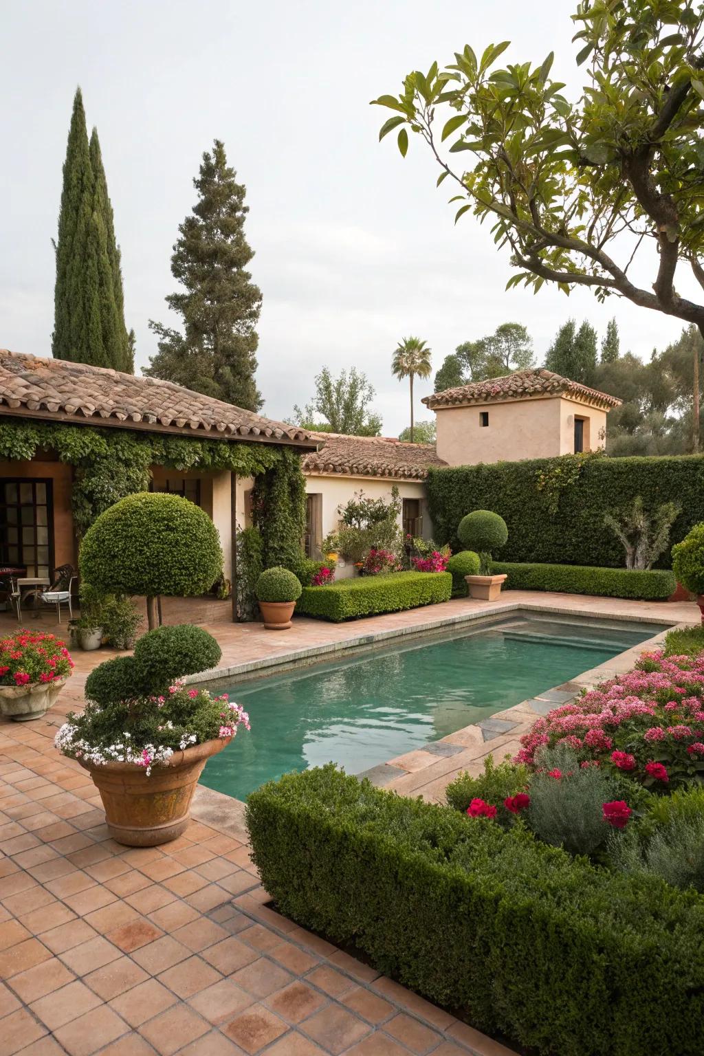 Ornamental flora adds sophistication and structure to this Spanish-inspired garden.