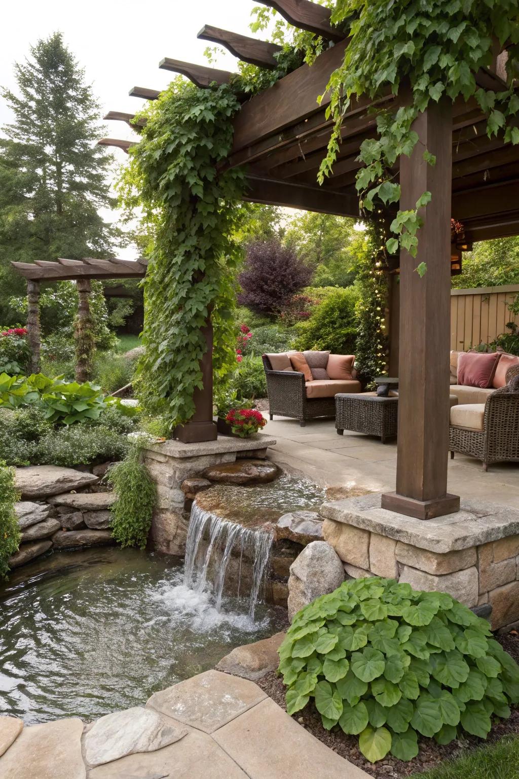 The pergola setting is made more tranquil by a water feature.