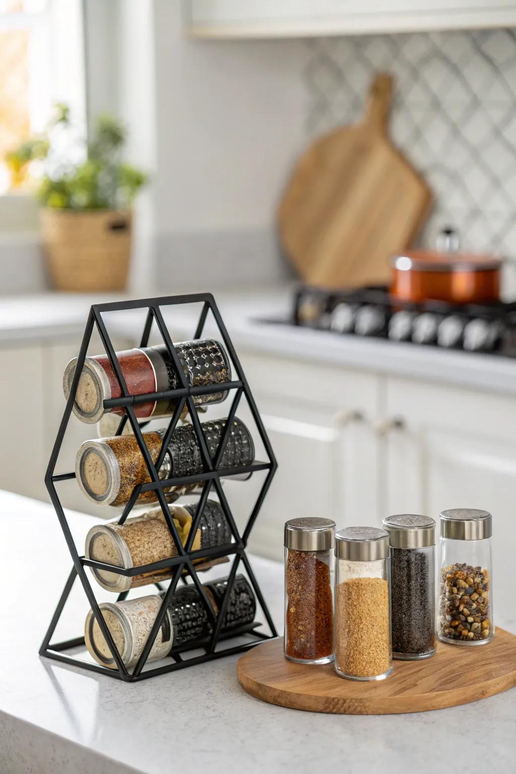 Criss-cross design introduces a contemporary flair to spice storage.