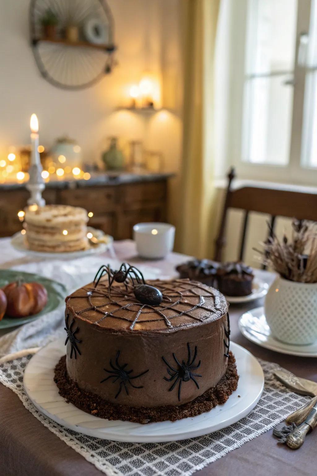 Sumptuous cocoa ganache arachnid cake.
