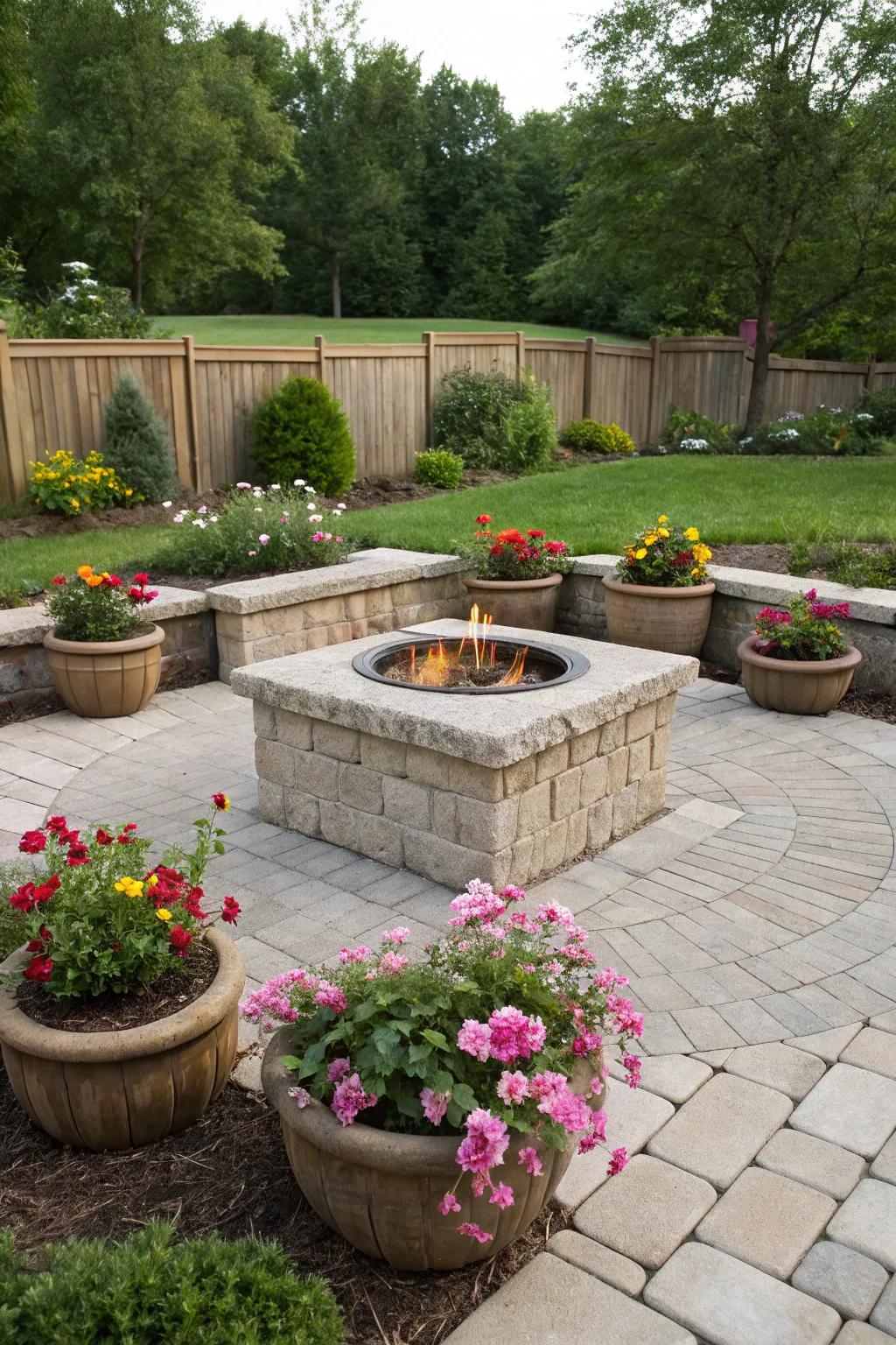 Flora boxes foster a lush setting around fire pits.