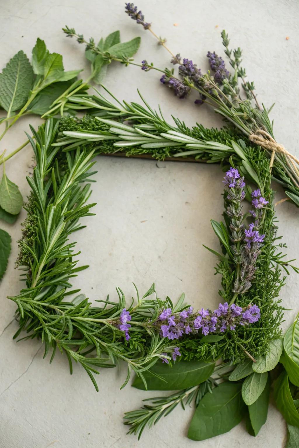 An herbal square wreath delivers beauty and an enchanting scent.
