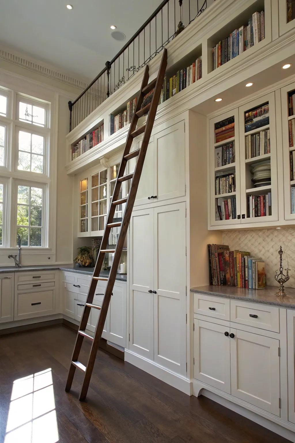 A rolling ladder adds both function and charm to high kitchen spaces.