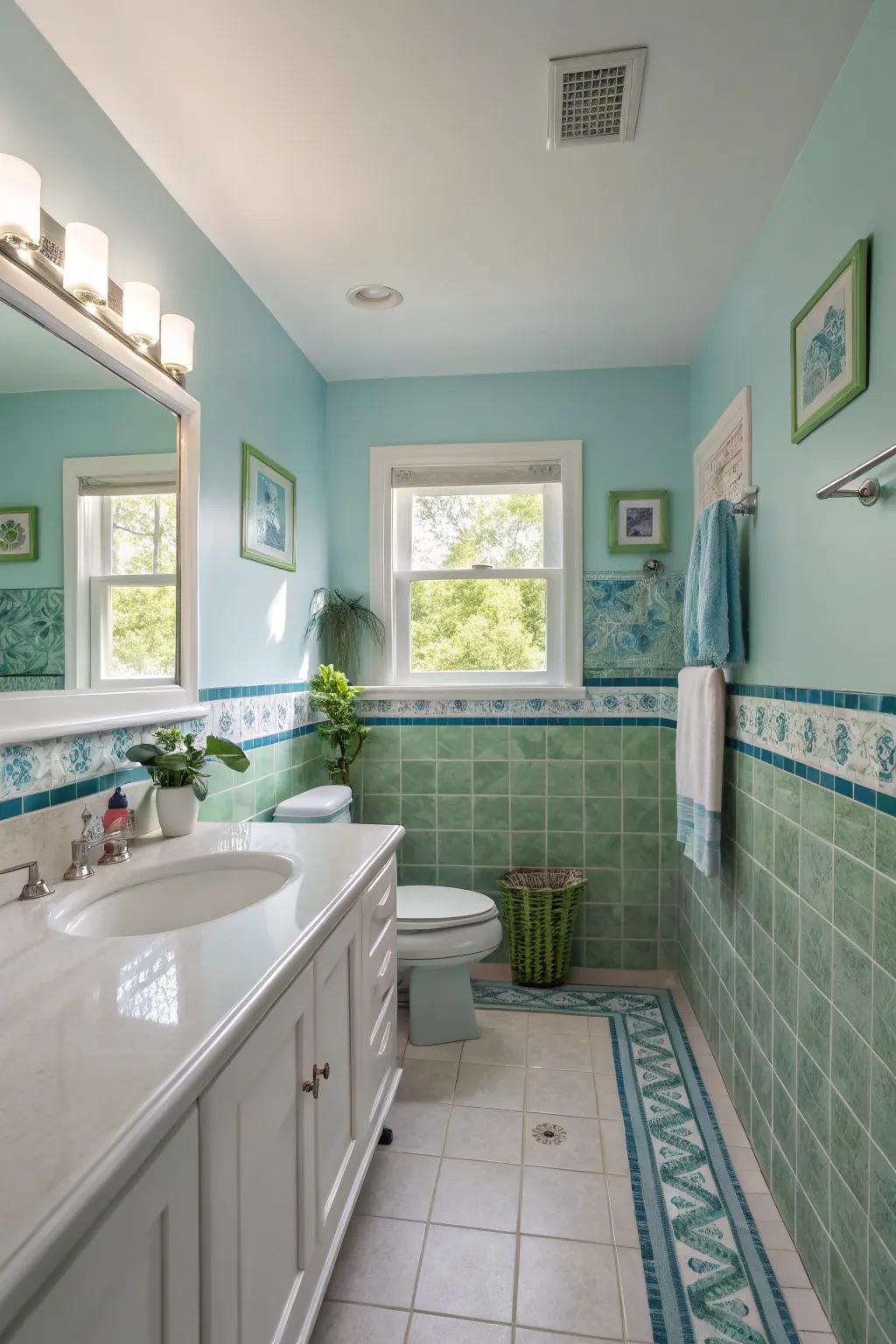 A calming color palette creates a peaceful atmosphere in the bathroom.