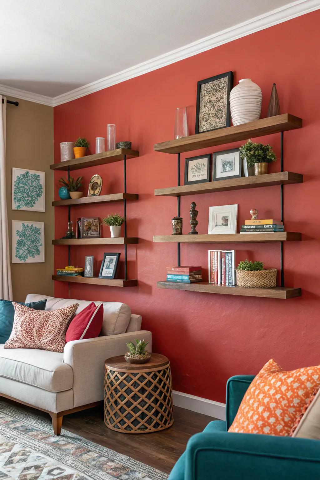 Bold focal point with color behind shelves.
