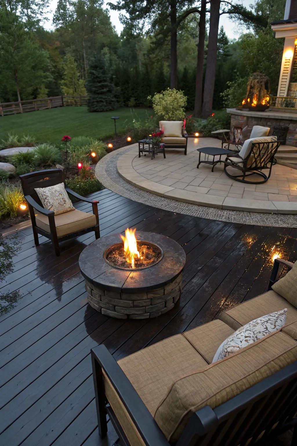 A patio with a dramatic dark dyed fire pit area.