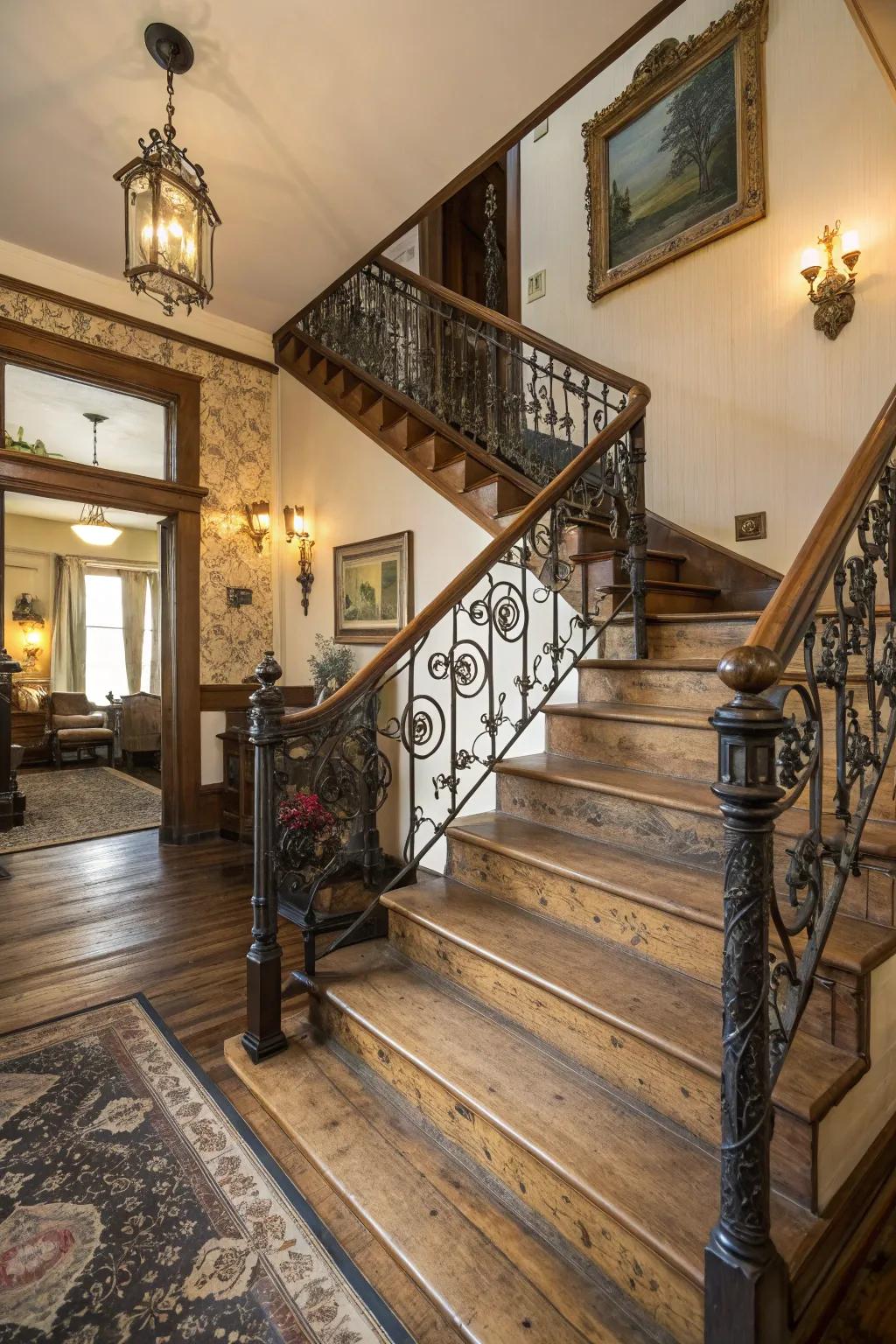 Vintage components introduce charm and allure to this historic staircase.