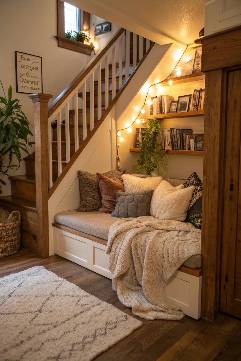 Discover peace with a hidden retreat beneath your staircase.